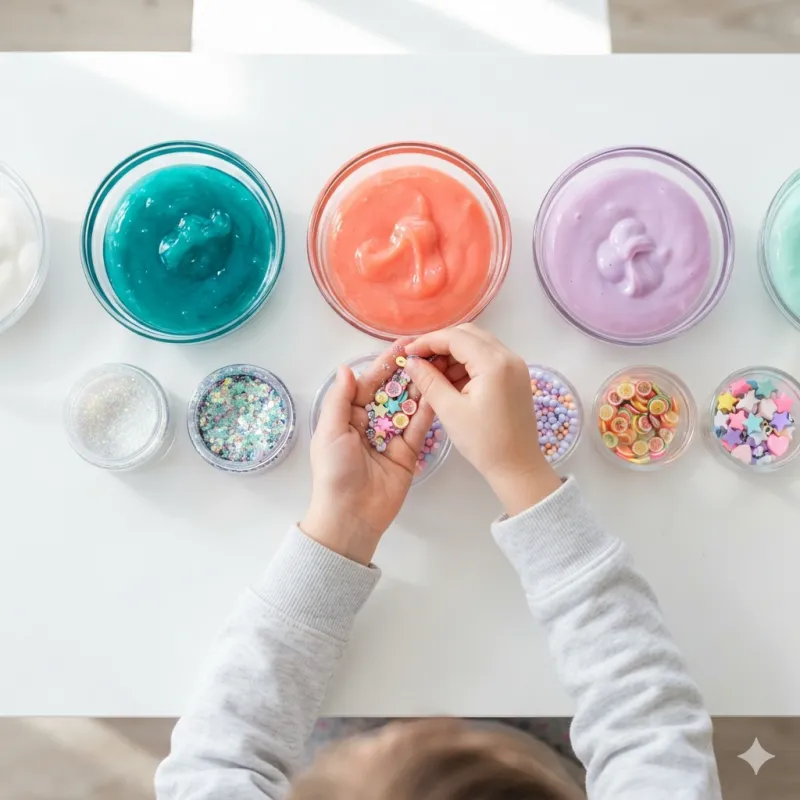 Overhead view of a slime bar with bowls of colourful slime and add-ins, a child's hands mixing in glitter
