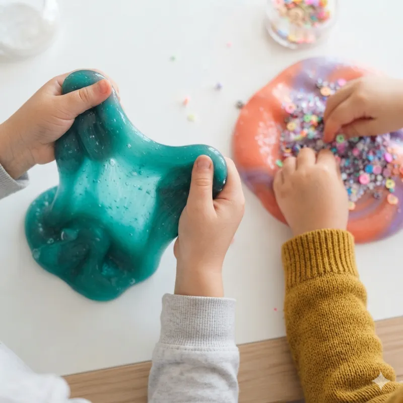 Two children's hands playing with teal and coral slime on a table