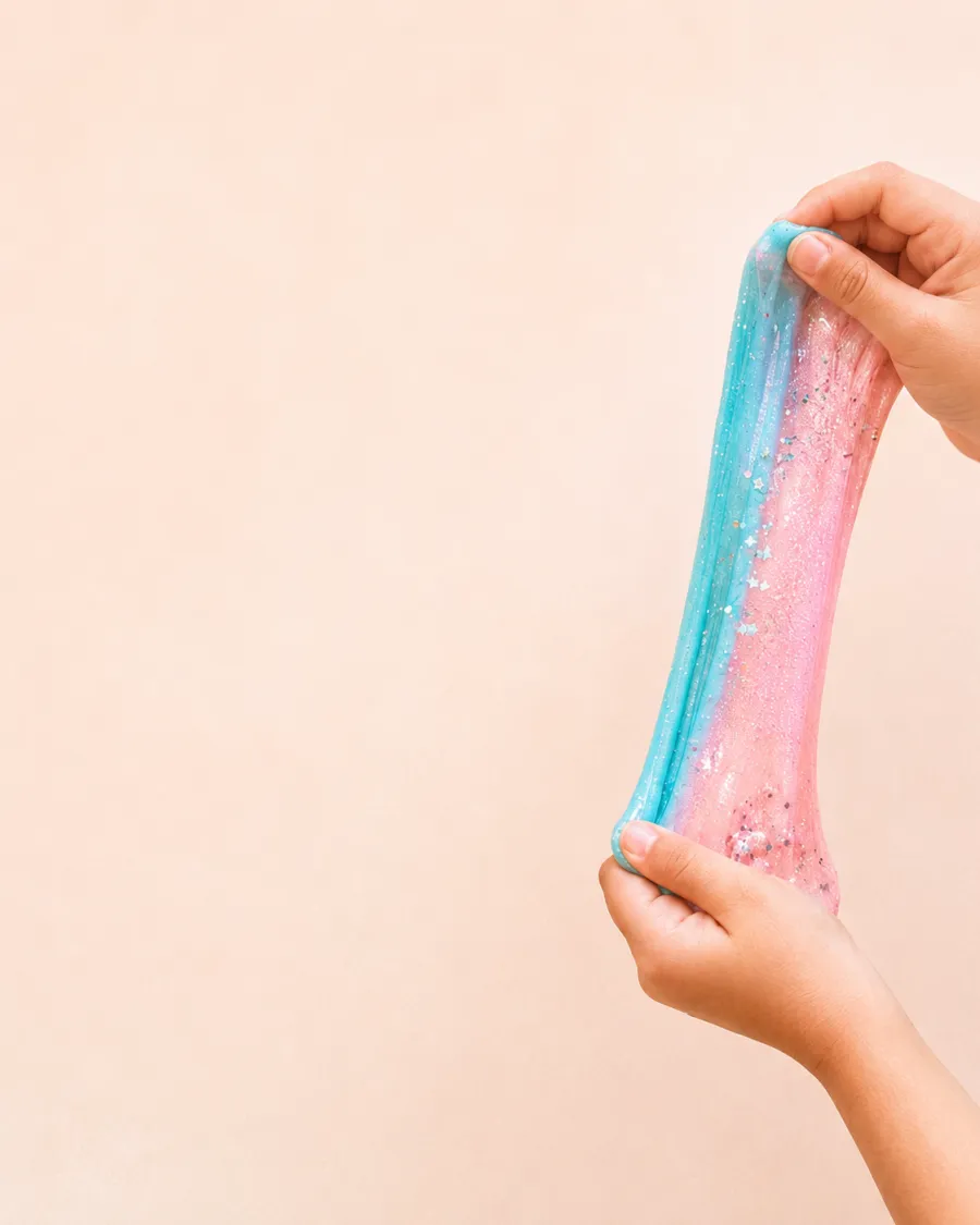 Hands stretching glittery blue and pink slime